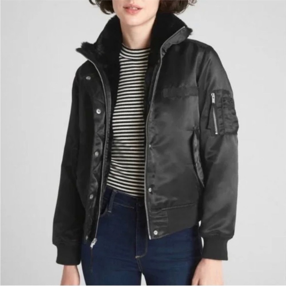 GAP Faux-Fur Lined Satin Bomber Jacket M